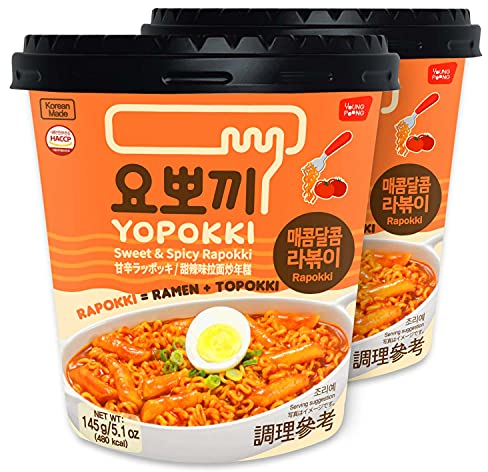 Yopokki Instant Rabokki Cup (Sweet Mild Spicy, 2 Cups) Korean Street food with sweet and moderately spicy sauce Ramen Noodle Topokki Rice Cake - Quick & Easy to Prepare