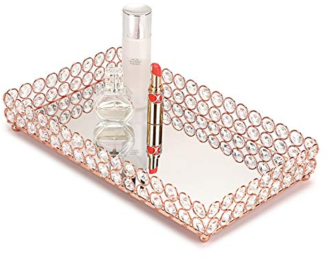 Hipiwe Bandeja de maquillaje cosmético de cristal – Bandeja grande con espejo organizador de joyas para el hogar, bandeja decorativa para aparador, bandeja de baño, color oro rosa