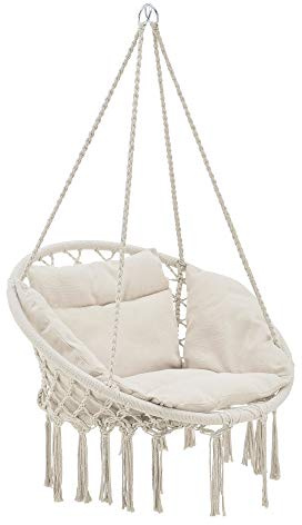 casa.pro Hängesessel mit Kissen Hängesitz Innen und Außen Hängestuhl Hängeschaukel Indoor Outdoor Hängekorb bis 150 kg Creme