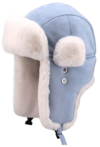 Heavyoff Erwachsene Kinder Wildleder Fliegermütze Kunstfell Wintermütze mit Ohrenklappen Warme Fellmütze Blau X-Large