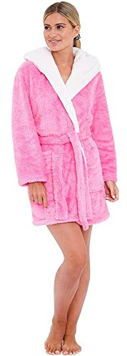 Love To Sleep Nightwear Womens Girls Novelty Hooded Cosy Fluffy Fleece Robe Gown UK Seller - Fluffy Pink - 16/18