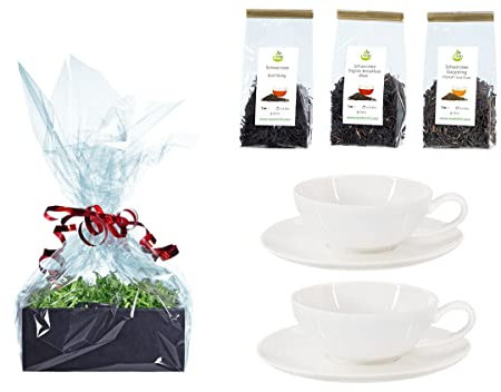 Buchensee Tee Geschenk Set, 2 Teetassen Lena aus Crystal Bone China Porzellan, je 200ml in fein-cremigem Weiß + Schwarztee + Geschenkverpackung