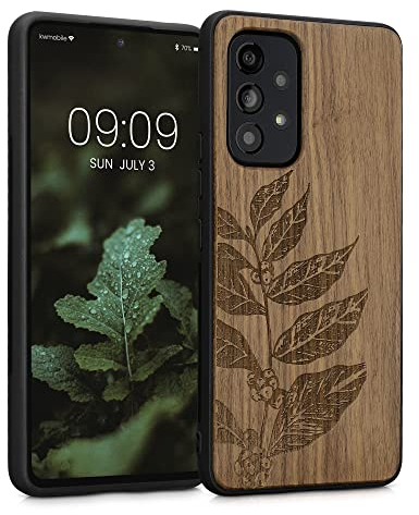 kwmobile Hülle kompatibel mit Samsung Galaxy A53 5G Hülle - Holz Case - Handy Cover - TPU Handyhülle in Dunkelbraun Blätterzweig