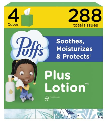 Puffs Plus Lotion Facial Tissue, 4 Mega Cube Boxes, 72 Tissues per Box, Allergies and Colds