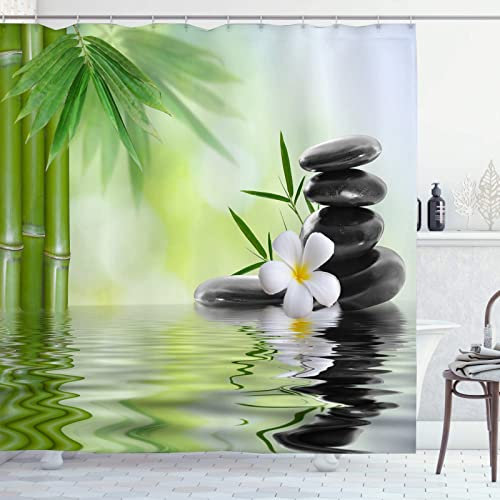 OCEUMACO Rideau de Douche 3D Motif Chic Zen Galet Anti Moisissure Rideaux Baignoire Imprimé Orchidee Bambou Long Polyester Tissu Imperméable 180x200 cm Lavable Machine avec Anneaux - Vert 1