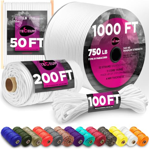 TECEUM Paracord Type IV 750 LB Blanc – 30 m– 4mm – 100% Nylon Corde Tactique MIL–Spec Corde de Parachute – Corde de Survie d'urgence Noyau à 11 Fils EDC Camping Randonnée Équipement Militaire
