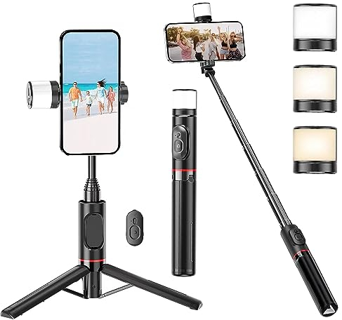 Bluetooth Selfie Stick Stativ mit Licht, 3-in-1 Erweiterbar Selfie Stange aus Aluminium mit Abnehmbares Drahtlose Fernbedienung, für iPhone 13/12/11 Pro/XS Max/XS/X/8/7, Samsung Smartphones (Schwarz)