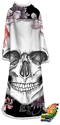 Hearda Oversized Kuscheldecke mit Ärmeln, Floraler Totenkopf-Print Wearable Decke Flauschige Warm Plüsch Extra Lang TV-Decke, Fleecedecke für Erwachsene Damen Herren (Schwarze Blumen,127x178cm)