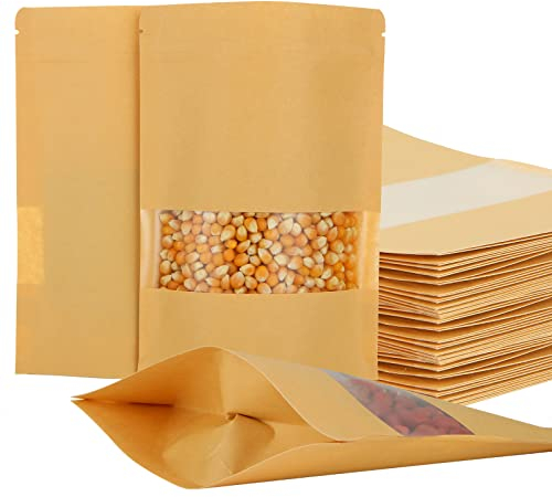 GOYADA 200 Pcs Sachet Zip Kraft 14 x 20 cm, Sachet Kraft Alimentaire avec Fenetre, Pochette Zip Kraft, Sac Kraft avec Fenêtre pour Haricots, Thé, Épices, Fruits Secs