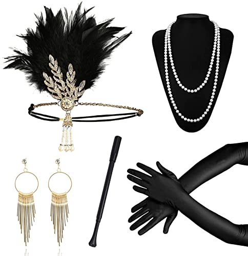 1920s Kostüm Damen Flapper Accessoires Set, Gold 20er Jahre Accessoires Flapper Great Gatsby Accessoires, 1920er Jahre Zubehör mit Stirnband Ohrringe Halskette Handschuhe Zigarettenstange