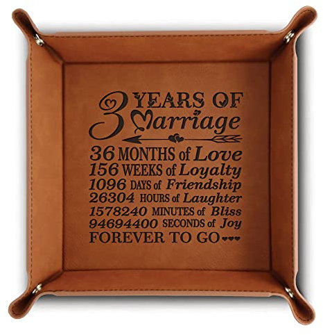 BELLA BUSTA - 3 Jahre of Marriage-Forever to go-graviertes Ledertablett mit Pannendaten, Aufbewahrung und Organisation Schmucktabletts (Rohleder, 22,9 x 22,9 cm (Heirat))