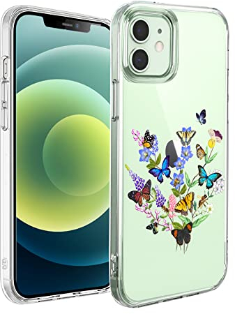 Unov Case Compatible with iPhone 12 iPhone 12 Pro Case Clear with Pattern Slim Protective Soft TPU Bumper Embossed Design 6.1 Inch (Flower Butterfly)