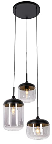 Qazqa - Design Hängelampe I Pendellampe I Pendelleuchte schwarz mit Gold I Messing und Rauchglas, 3-flammig, rund – Kyan I Wohnzimmer I Schlafzimmer - Rund - LED geeignet E27
