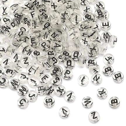 HERZWILD ca.1000pcs 4x7mm buchstabenperlen zum auffädeln bunt Buchstaben perlen bastelnperlen Buchstaben A-Z perlen für Schmuck Basteln (transparent-black)