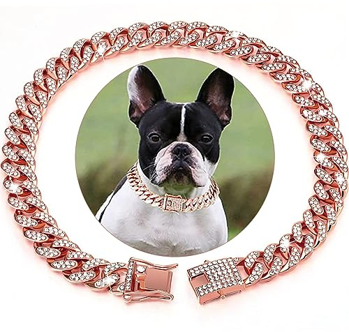 HIAOCEEY Roségoldene Hundekette, kubanisches Diamant-Halsband mit sicherer Schnalle, kubanischer Kristall-Schmuck, Halsband, Halskette, Zubehör für Hunde und Katzen (Roségold, 45,7 cm)