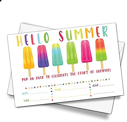 DETIHO Einladungskarten mit Umschlägen, Hello Sommer, Eiscreme, 10,2 x 15,2 cm, 20 Sets Sommer-Pool-Party-Einladungen für Jungen und Mädchen – A02