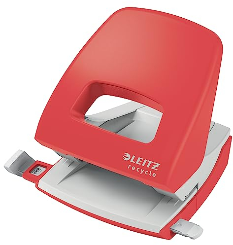 Leitz NeXXt Recycle Locher, 30 Blatt, A4, für Büro & Schule, Führungsschiene mit Formatmarkierung, 100 Prozent recyclebar, umweltfreundlich, Recycle-Sortiment, 50030025, Rot