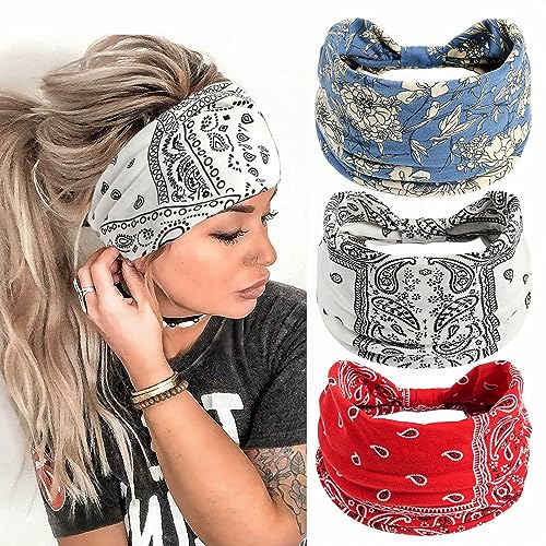 scicent Haarband Damen Breite Elastische Weiche 3 Pcs Sommer Boho Stirnband Print Haarschmuck Yoga Sport Haarband Mehrfarbig Dünn Stirnbänder, 16002