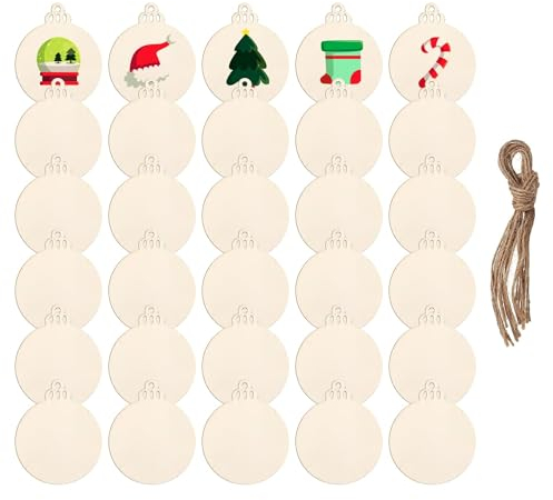DARENYI 30 Stück Weihnachten Holz Ornamente Runde Holz Scheiben Naturholzscheiben Holzkugeln Rund Blanko Hängende Holzkugeln für DIY Handwerk Malen Beschriften Hochzeit Weihnachten