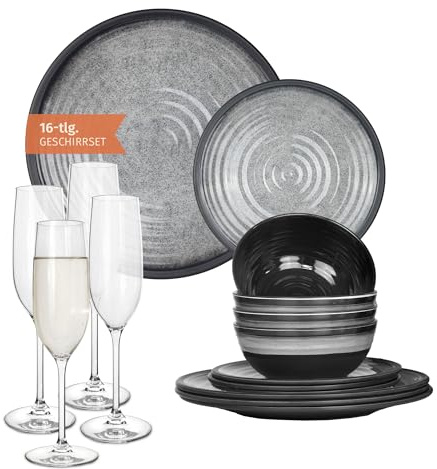 Melamin Camping Geschirr Set 4 Personen Stone Grey + 4 Timo Champgner Gläser Flûtes Tafelgeschirr Picknick BBQ Kochgeschirr