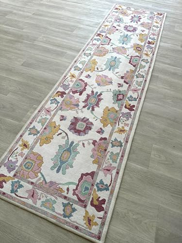 Fame Living Pink Oushak Teppich, moderner Läufer, Vintage, türkisch, eklektisch, floral, pastellfarben, waschbar, Läufer für Flur, Küche, Schlafzimmer, Badezimmer, 60 x 250 cm