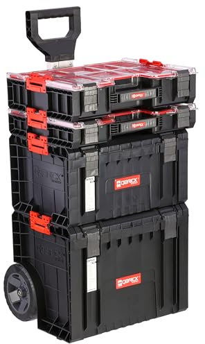 Juego de caja de herramientas MAX-Organizer con mango telescópico, ruedas de aluminio, 4 cajas reforzadas garaje taller PRO