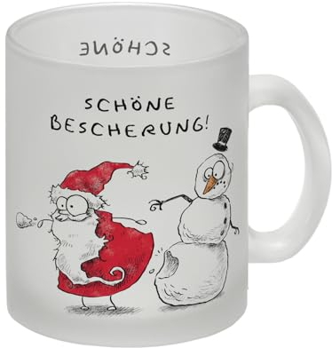 Weihnachtsmann und Schneemann Glas Tasse mit Spruch Schöne Bescherung lustiger Weihnachtsmann Glas Tasse Weihnachtsmotiv Tasse Weihnachten Comic Kaffeetasse Stil Kritzel Pechvogel