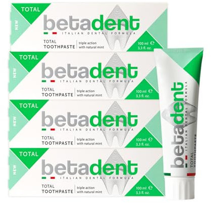 Betadent KIT 4 DENTIFRICIO TOTAL Tripla azione anti placca, tartaro, carie, gengive infiammate. Con Menta Naturale, Alito fesco. 4x100ml