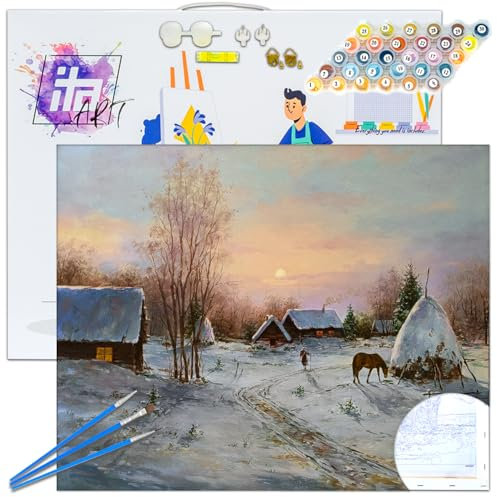 ITA Art Peinture par numéros Kit Complet avec châssis, peintures acryliques, pinceaux, Accessoires, boîte Cadeau - Kit de Peinture DIY avec Toile, 40x50 cm, Matin d'hiver
