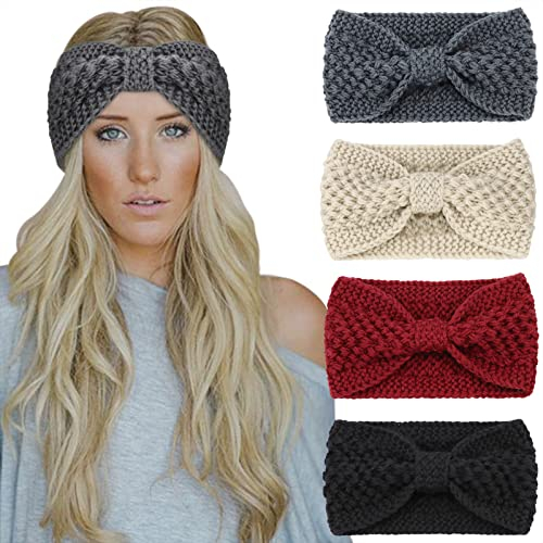 DRESHOW Stirnband Damen Winter 4 Stück Strick Ohrenwärmer Damen Verdicken Stirnbänder Mädchen Warm Gestrickte Haarband Headwrap Kopfband Warme Wintergeschenke, 4 Pack Stil 23-43