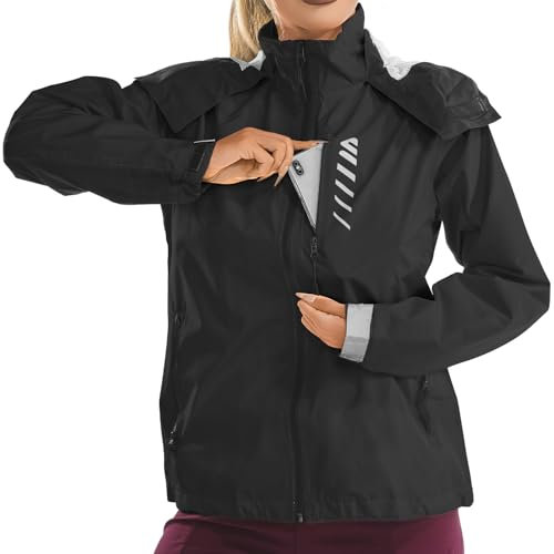 Lo.gas Regenjacke Damen Wasserdicht Leichte Fahrradjacke wanderjacke Winddicht Laufjacken Mit Kapuze Funktionsjacke Windbreaker Mit Taschen Schwarz M