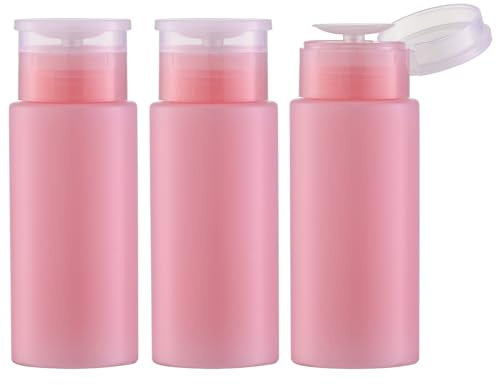 owlyee 3PCS Nail Polish Remover Bottles, 5.3oz Push Down Pump Alcohol Dispenser, Empty Makeup Acetone Containers (150ML, Pink)