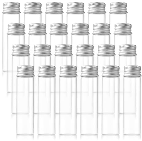 VIVIIHOO Lot de 24 petites bouteilles en verre de 20 ml à remplir, avec bouchon à vis en aluminium, flacons hermétiques portables pour échantillons, épices, bijoux et plus encore.