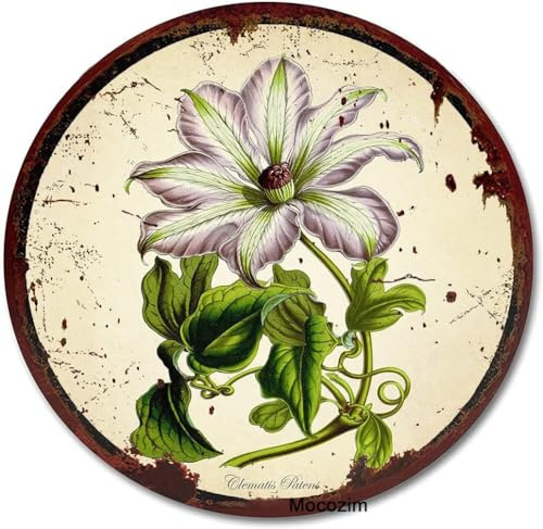 kisoyo Rundes Metall-Blechschild, lila-weiß, Clematis, Wanddekoration, Vintage-Blume, botanischer Druck, florale Kunst, Zuhause, Schlafzimmer, Küche, Salon, dekoratives Wandschild, 30,5 x 30,5 cm