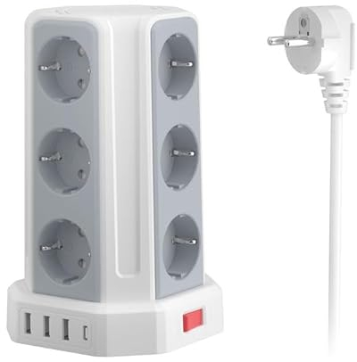 Sameriver 12 Fach Steckdosenleiste Steckerleiste mit 5M Verlängerungskabel,4 USB Mehrfachsteckdose mit Überspannungsschutz,Steckdosenturm Mehrfachstecker für Zuhause,Büro (White)