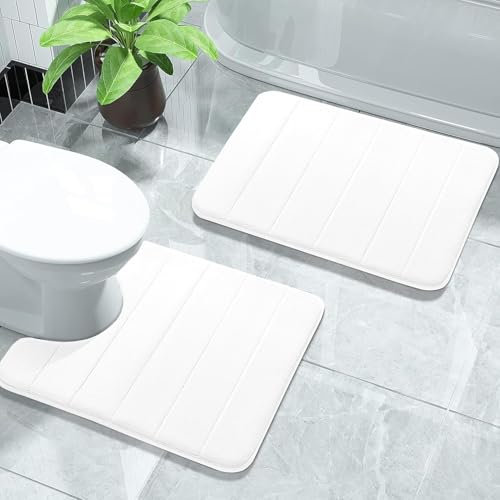 Super Soft Memory Foam Velvet Mat - Modern Design Anti Slip Bath Mat 2 Pieces Sets 50 x 80 cm, 50 x 40 cm Washable Bathroom Door Mat - White