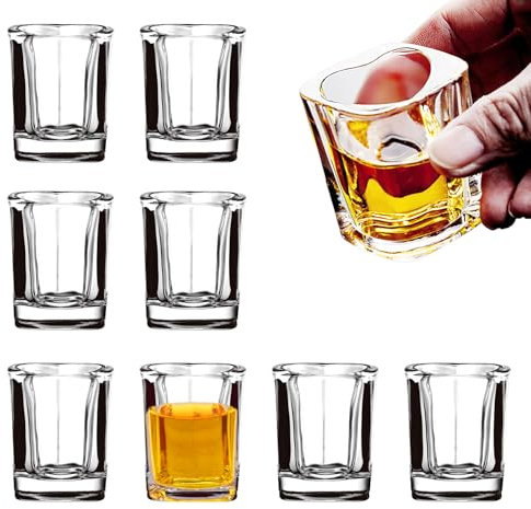 binsakao Shot Glass Set of 8, 2oz / 60ml Heart Shape Clear Small Shot Glasses for Vodka Shots, Rum, Brandy, Jello Shots, Heavy Base Tequila Shot Glasses for Home, Bar, Pub, Event, Party