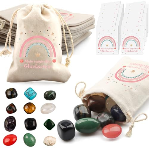 12er Glückssteine für Kinder, Kindergeburtstag Mitgebsel mit Edelsteine Jutesäckchen und Magische Steine Kärtchen, Give Away für Taufe Kommunion Hochzeit oder Wichtelgeschenk, Glücksbringer Kinder (A)