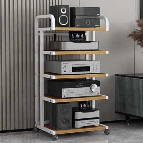 Blazea HiFi Rack Mobiler Audio-Ständerturm mit 5 Ebenen, Platzsparendes Weißes Regal für Elektronikgeräte, Video-AV-Komponentenregal, Stereoschrank, HiFi-Lautsprecher, DVD-Aufbewahrungsständer