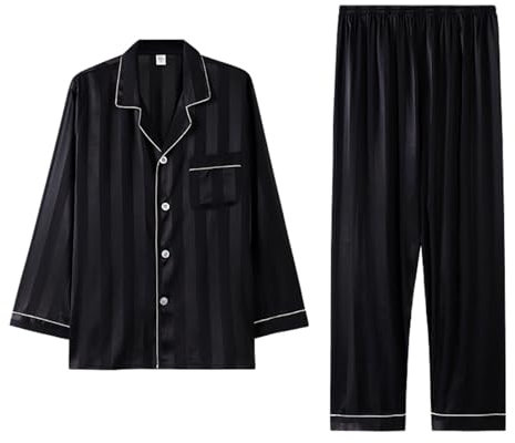 Herren 2-teilig Nachtwäsche alle Jahreszeiten, Zweiteiliger mit Schlafhose und Nachthemd, Herren-Pyjama Langarm Satin, Schlafanzug Herren Lang Weiche Nightwear Loungewear