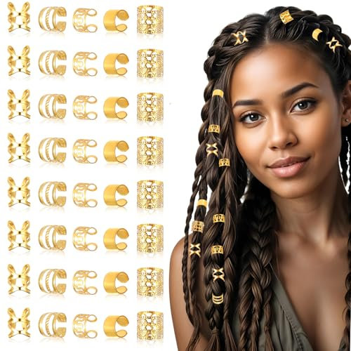 Ouligay 40 Stück Haarschmuck Gold Dreadlocks Schmuck, Goldener Pirat Haarschmuck für Zöpfe Haarringe, Loc Schmuck für Haar Haarspiralen, Verstellbar Cuffs Haar Dreadlock Zubehör für Damen Mädchen