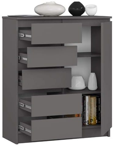 BDW - Kommode mit 5 Schubladen und 1 Tür - 80 cm breit, 97 cm hoch - Schrank, Sideboard, Mehrzweck-, Schuhschrank, Schubladenkommode, Aktenschrank - Wohn-, Schlafzimmer, Flur (Grau)