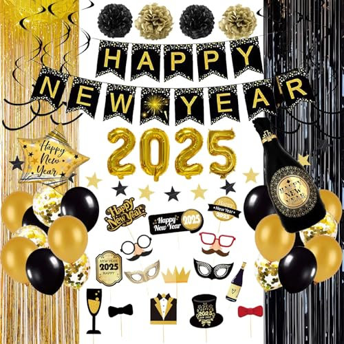 Silvester Deko 2025 XXL Set, Happy New Year Deco Set, 2025 Neues Jahr Luftballons, Girlande, Curtain, Black and Gold, Photo Props