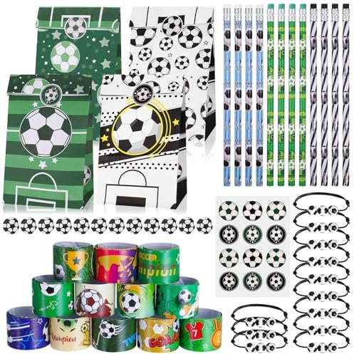 Kaisibum Fussball Mitgebsel Jungen Set,60 Stück Fußball Party Mitgebsel Kinder mit 12 Fußball Bleistift 12 Schnapparmband 12 Fussball Radiergummi 12 Fußball Armband 12 Papiertüten