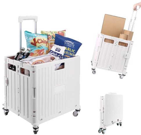 35 KG Folding Shopping Trolley with Lid | Collapsible Utility Cart for Storage, Laundry, Sports & Crafts | Portable Boot Cart Box with Telescopic Handle | Multipurpose Rolling Organiser (White)