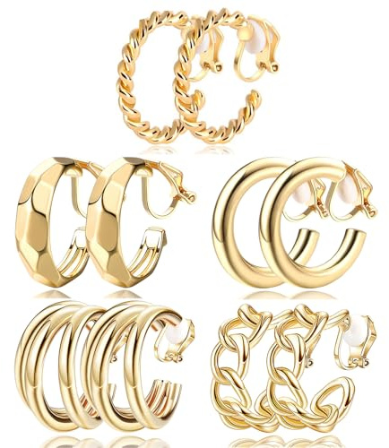 Pddenality 5 Pairs Clip On Earrings for Women & Girls, Chunky Gold Hoop Earrings with Classic Design - Hypoallergenic Fake Earrings Gift Set