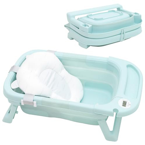 Olmitos - Bañera Plegable para Bebé con Reductor Extraíble, Termómetro y Tapón de Drenaje, Compacta y Antideslizante - Ideal para Viajes (Azul)