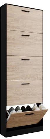 CASABEL Schuhschrank für 15 Paar – Schrank mit großem Fassungsvermögen für Eingangsbereich, Flur – L 60 x T 17 x H 180 cm – Schwarz/helles Holz