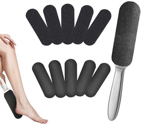 Foot Files for Hard Skin Set, Double-Sided Stainless Steel Foot Scraper Hard Skin Remover with 10 Free Refill Grits Replacement Pads, Professional Foot File Pedicure Tool for Smooth Feet at Home