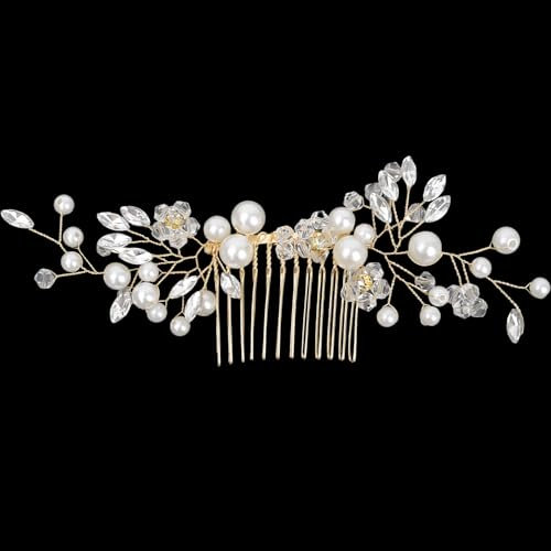 Pearl Bridal Hair Clips with Floral Comb - Adjustable Crystal Wedding Hairpins for Brides, Vintage Rhinestone Headpiece for Women's Updo, Side Hair Accessories for Parties & Special Occasions(gold)